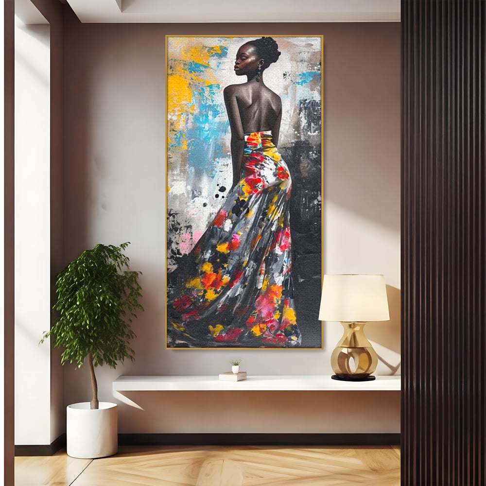 Tablou canvas cu tablou canvas cu portret de femeie, in rama de aluminiu auriu